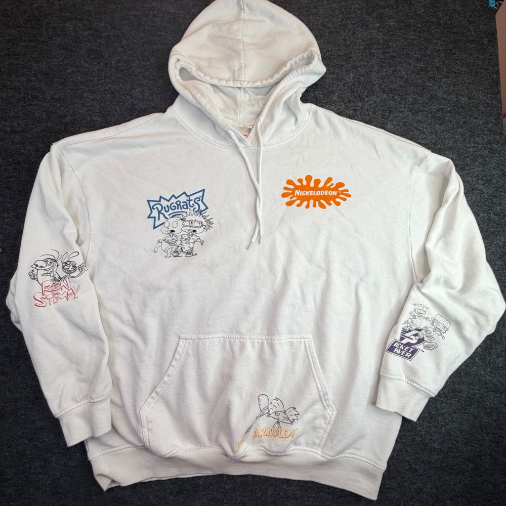 Nickelodeon Hoodie Men 2XL White 90s Cartoons Rugrats Ren Stimpy Hey Arnold READ